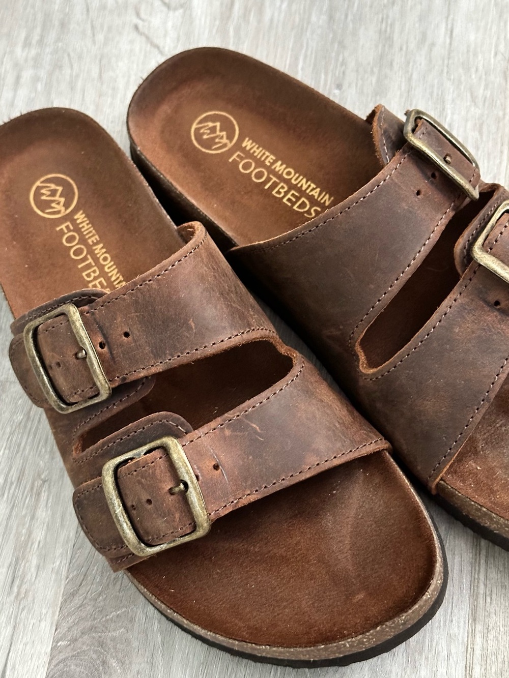 White Mountain Brown Double-Buckle Leather Slide Sandals